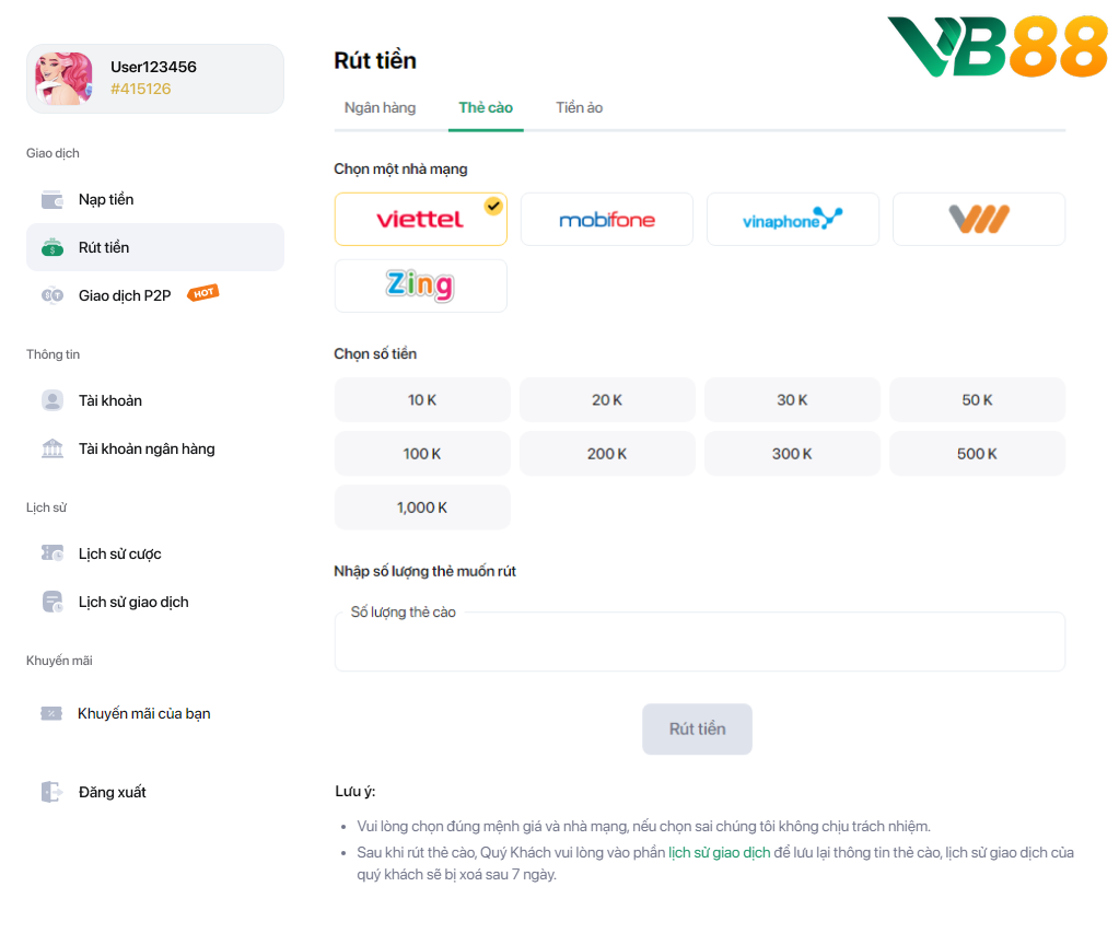 Rút tiền tiện lợi tại VB88